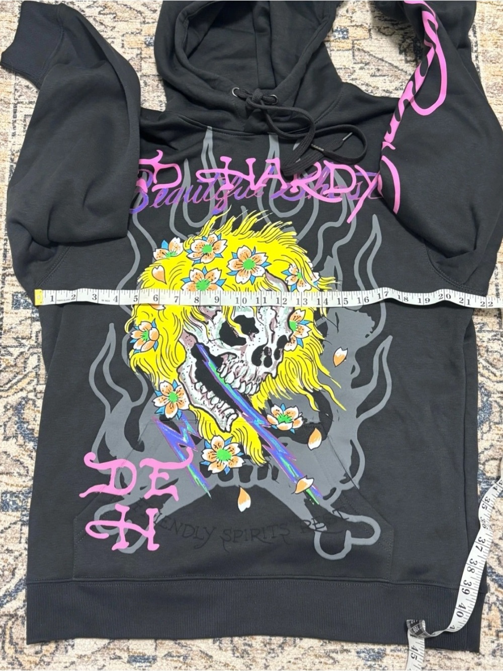 Ed Hardy Black Hoodie with Yellow Floral Skull Graphic - Picture 8 of 9